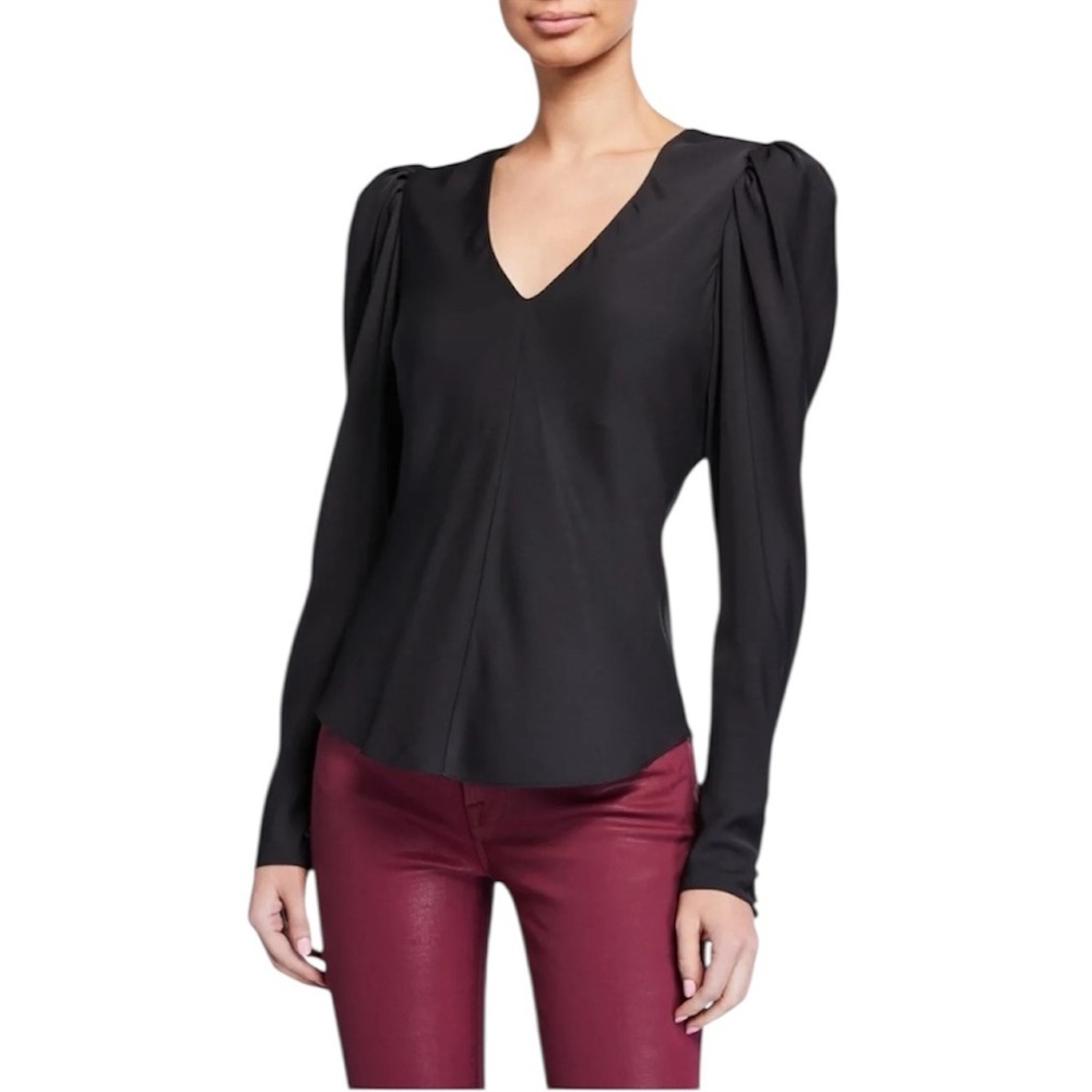 🔥 🆕 FRAME Shirred Puff-Sleeve V-Neck Top 100% Silk Blouse Size XS